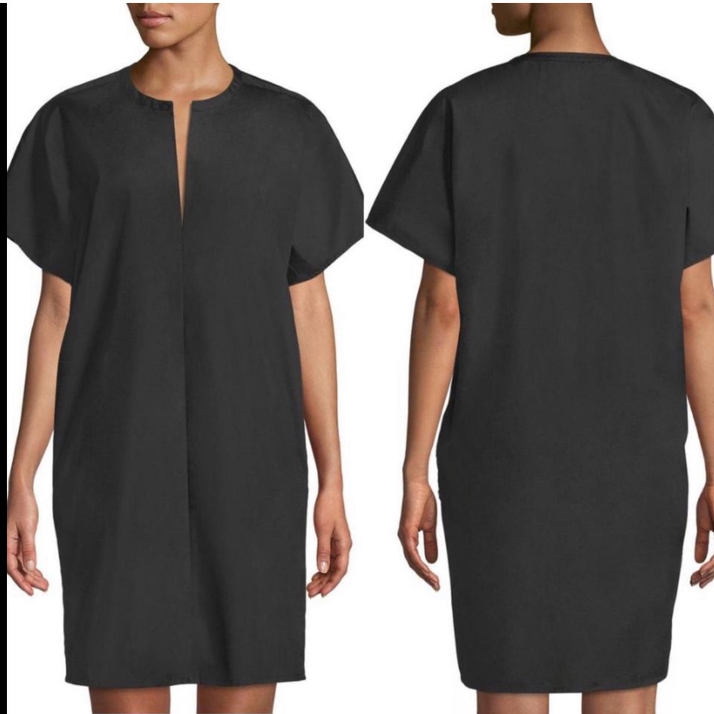 Vince Split Neck Shift Dress in Black‎